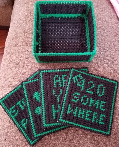 Plastic Canvas Coaster Set Are You High Coaster Set Black And Green Coasters Plastic Canvas