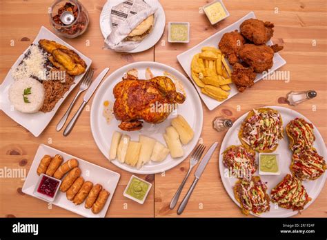 Latino Cuisine Dishes Set With Roasted Chicken Broster Chicken