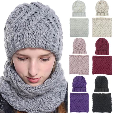 Buy Womens Winter Knitted Hat Scarf Set Thick Warm Knit Beanie Caps