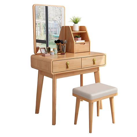 Scandinavian 3 Drawer Dressing Table Solid Wood Vanity Makeup Table Set Round Makeup Vanity