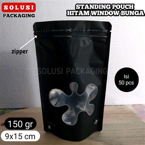 Jual ISI 50 PCS Standing Pouch HITAM DOFF WINDOW 150gram 9x15 Cm