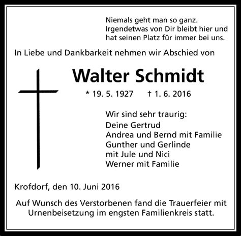 Traueranzeigen Von Walter Schmidt Vrm Trauer De