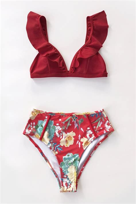 Red Floral Ruffles Bikini