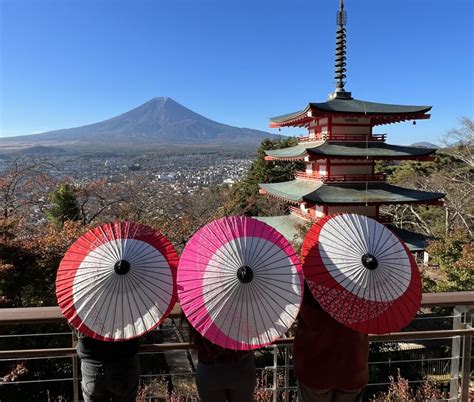 Mt Fuji Storied Pagoda With Wagasa Japanese Parasol Autumn Leaves