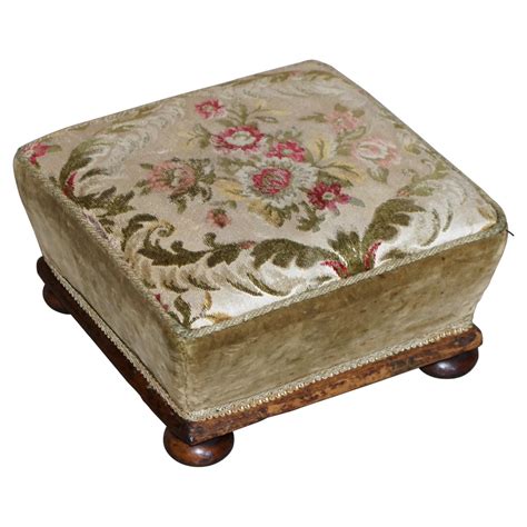 Victorian Walnut Embroidered Footstool With Tapered Ottoman Sides