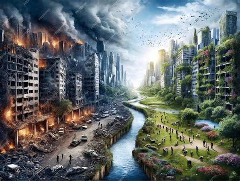 Premium Photo | A city divided where one side faces destruction and the