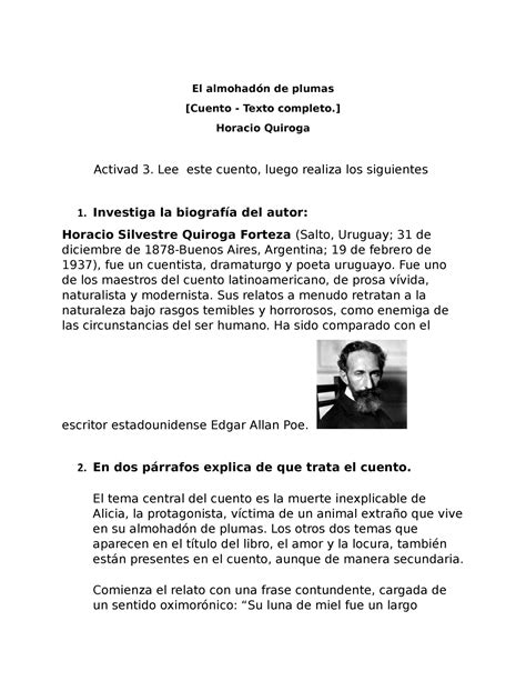 Actividad El Almohad N De Plumas Cuento Texto Completo Horacio