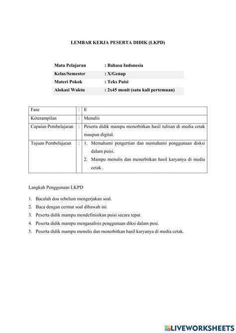 Teks Puisi Activity For X Live Worksheets