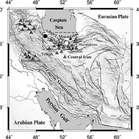 Location map showing Alborz Mountains, Central Iran, and Zagros ...