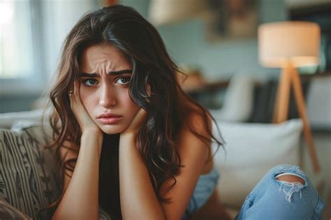 Premium Photo Gorgeous Latina Female Weeping On Couch At Residence