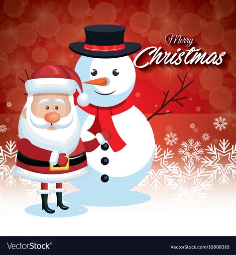 Santa Claus And Snowman Christmas Card Snowflake Vector Image