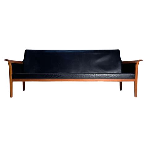 Knut Saeter For Vatne Mobler Black Leather And Rosewood Settee Sofa