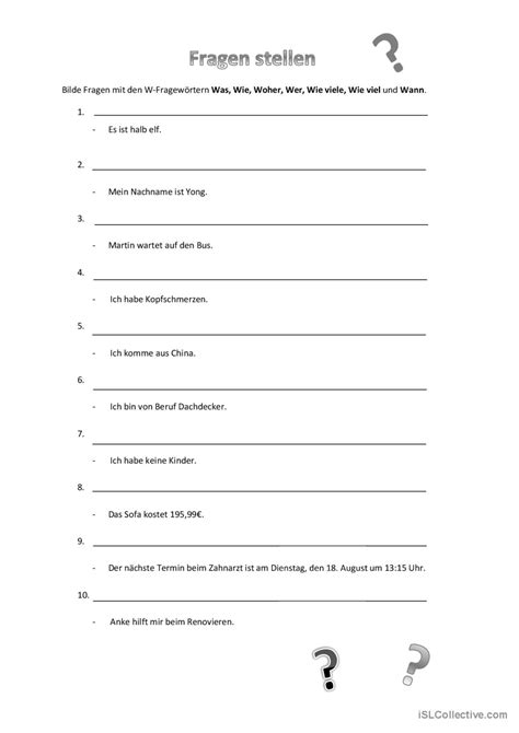 Fragen stellen allgemein Deutsch DAF Arbeitsblätter pdf doc