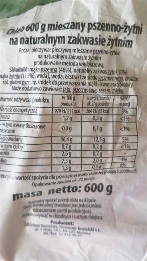 Chleb Pszenno Ytni Na Naturalnym Zakwasie Kalorie Kj I Warto Ci