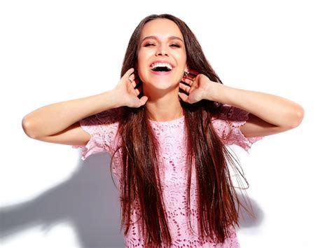 Free Photo Portrait Of Beautiful Caucasian Smiling Brunette Woman Model In Bright Pink Summer