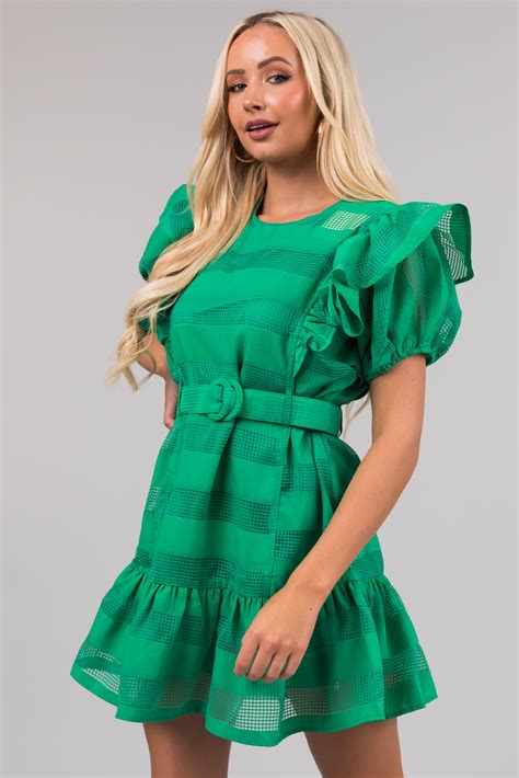 Kelly Green Ruffle Belted Waist Striped Mini Dress Lime Lush Boutique