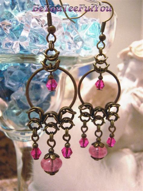 Beautiful Fuschia Pink Chainmaille Swarovski Crystal Dangle Earrings