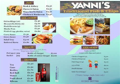 Menu at Yanni's restaurant, Bognor Regis