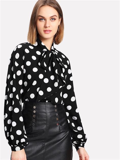 Shop Bow Tied Neck Lantern Sleeve Polka Dot Blouse Online Shein Offers