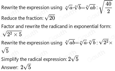 Solved: Express in simplest radical form. sqrt(40)/sqrt(2) [algebra]