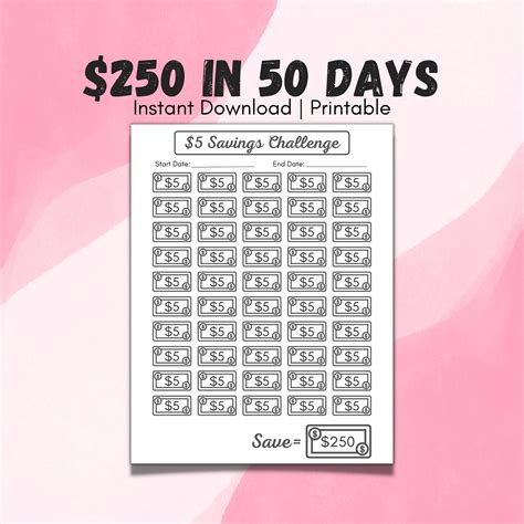 5 Dollar Savings Challenge Printable Mini Savings Tracker 50 Day Money Challenge Savings Goal