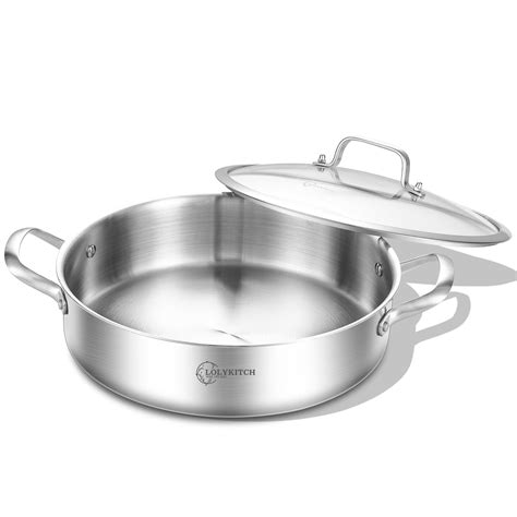 LOLYKITCH 12 Incn Tri Ply Stainless Steel 5 5 QT Sauté Pan with Lid