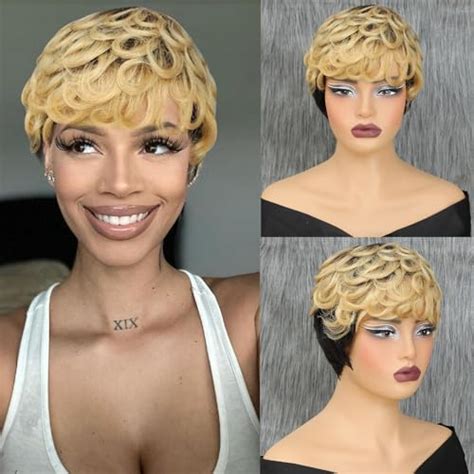 Amazon INSTASTYLE Pixie Cut Wig Human Hair Wigs For Black Women Short Curly Ombre Blonde