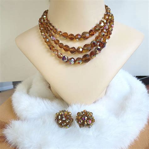 Aurora Borealis Amber Crystal Necklace And Earrings Set Etsy Crystal Necklace Earring Set