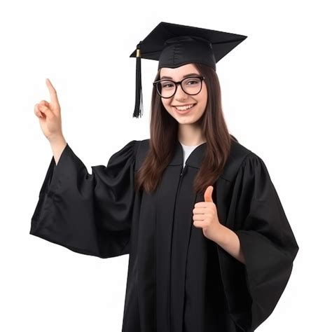 Una mujer joven con toga y birrete de graduación apunta hacia el cielo