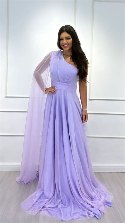 Vestido de Festa Longo uma Manga Mylla Micro Tule Lavanda Lilás Cia