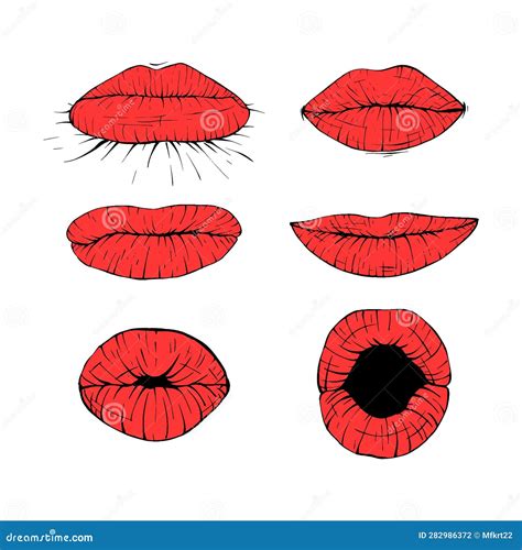 Set Red Female Lips Collection Sketch Vector Illustration Line Art