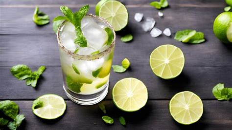 Un Vaso De Mojito Con Limas Sobre Una Mesa De Madera Oscura Foto Premium