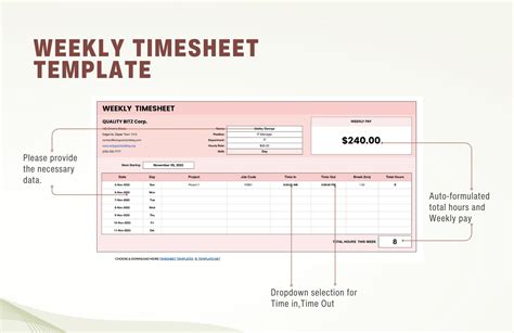 Weekly Timesheet Template in Excel, Google Sheets - Download | Template.net