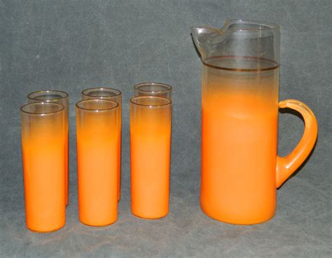 Vintage Blendo Orange Frosted Pitcher With 6 Highball Glasses