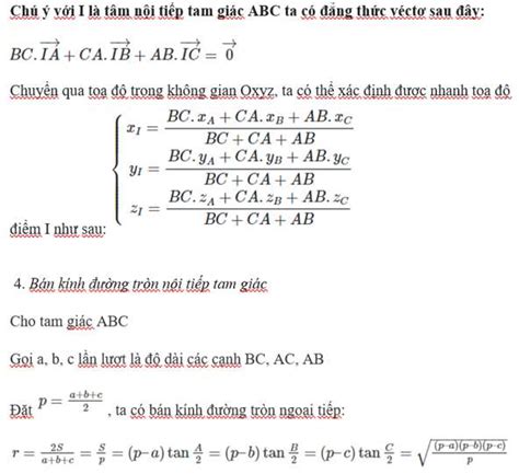 Các xác định nhanh toạ độ tâm đường tròn nội tiếp tam giác trong không gian Oxyz hay nhất