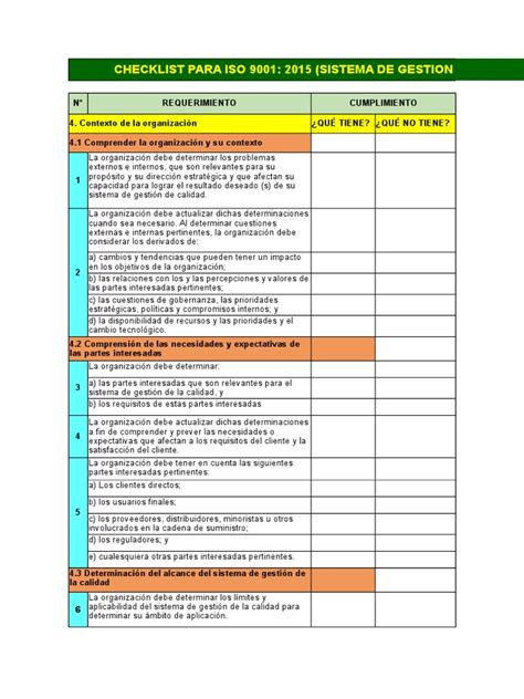 Check List Iso 9001 2015 Gestión De La Calidad Calidad Comercial