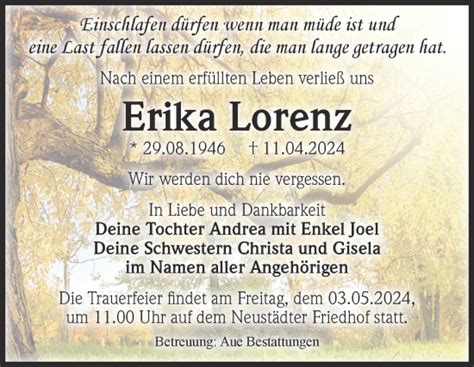 Traueranzeigen Von Erika Lorenz Abschied Nehmen De