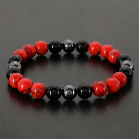 Stainless Steel Polished Hematite Red Dyed Bead Stretch Bracelet