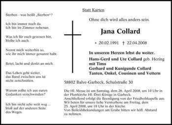 Traueranzeigen Von Jana Collard Trauer Nrw