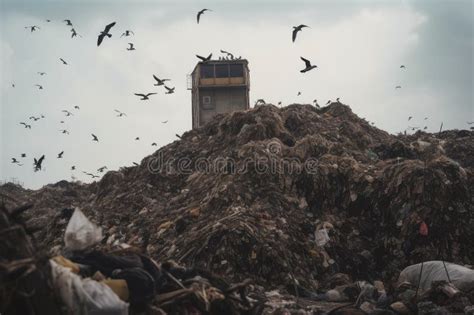 Up Close View Of Towering Garbage Heap With Birds Circling Overhead