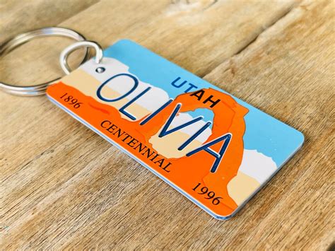 Personalized Utah Centennial License Plate Engraved Keychain Key Ring Key Tag Any Name Made To