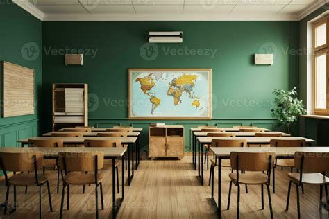 Photo Classroom Interior With School Desks Chairs And Green Board Empty School Classroom