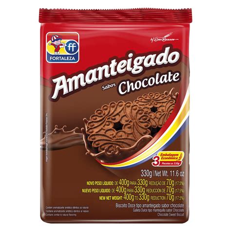 Biscoito Amanteigado Chocolate Fortaleza Pacote 330g Embalagem