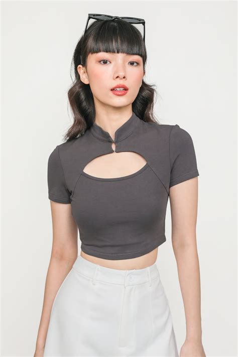 Suki Mandarin Collar Crop Top Grey The Tinsel Rack