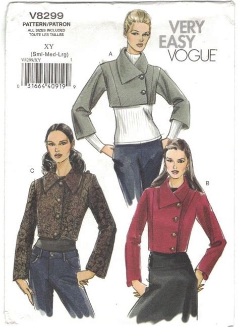 Very Easy Vogue 8299 Size Sml Med Large Pattern Crop Jacket Asymmetrical Collar Voguepatterns