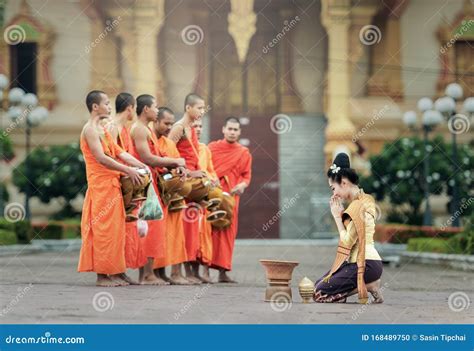 People Give Food Offerings To Buddhist Monks Editorial Image Image Of