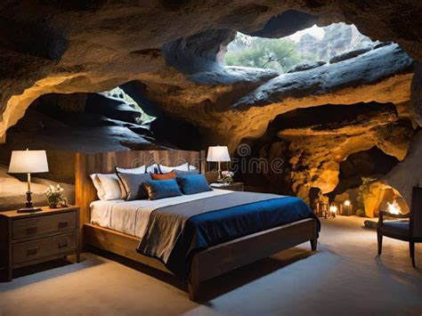 Cave With A Large Wooden Ceiling Lamp And A Large Window Bedroom In Cave Stock Illustration