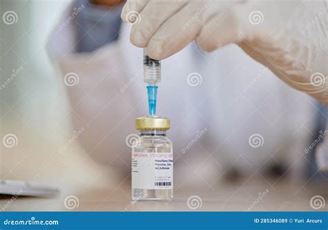 Smallpox Vaccine Vial And Hands Of Doctor For Safety Healthcare Or