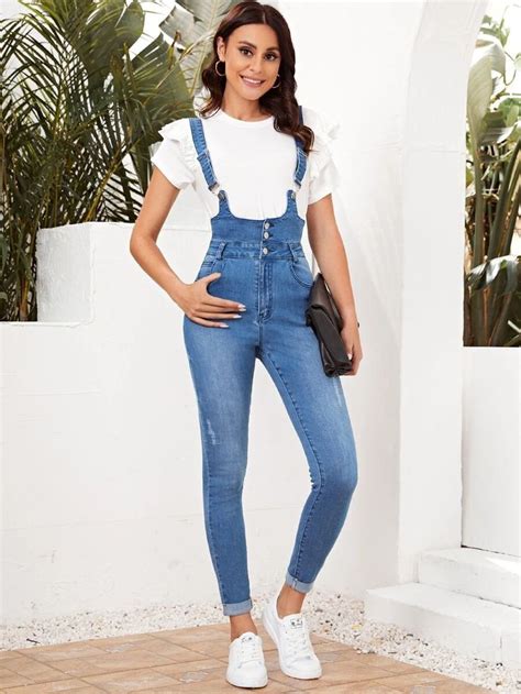 Preppy Vlak Denim Overall Zak Gescheurd Rits Voorpand Met Knoopjes