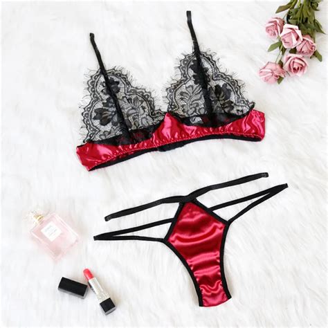 Sexy Eyelash Lace Satin Bralette Sets Women S Lingerie Satin Bra Brief Sets Big Size